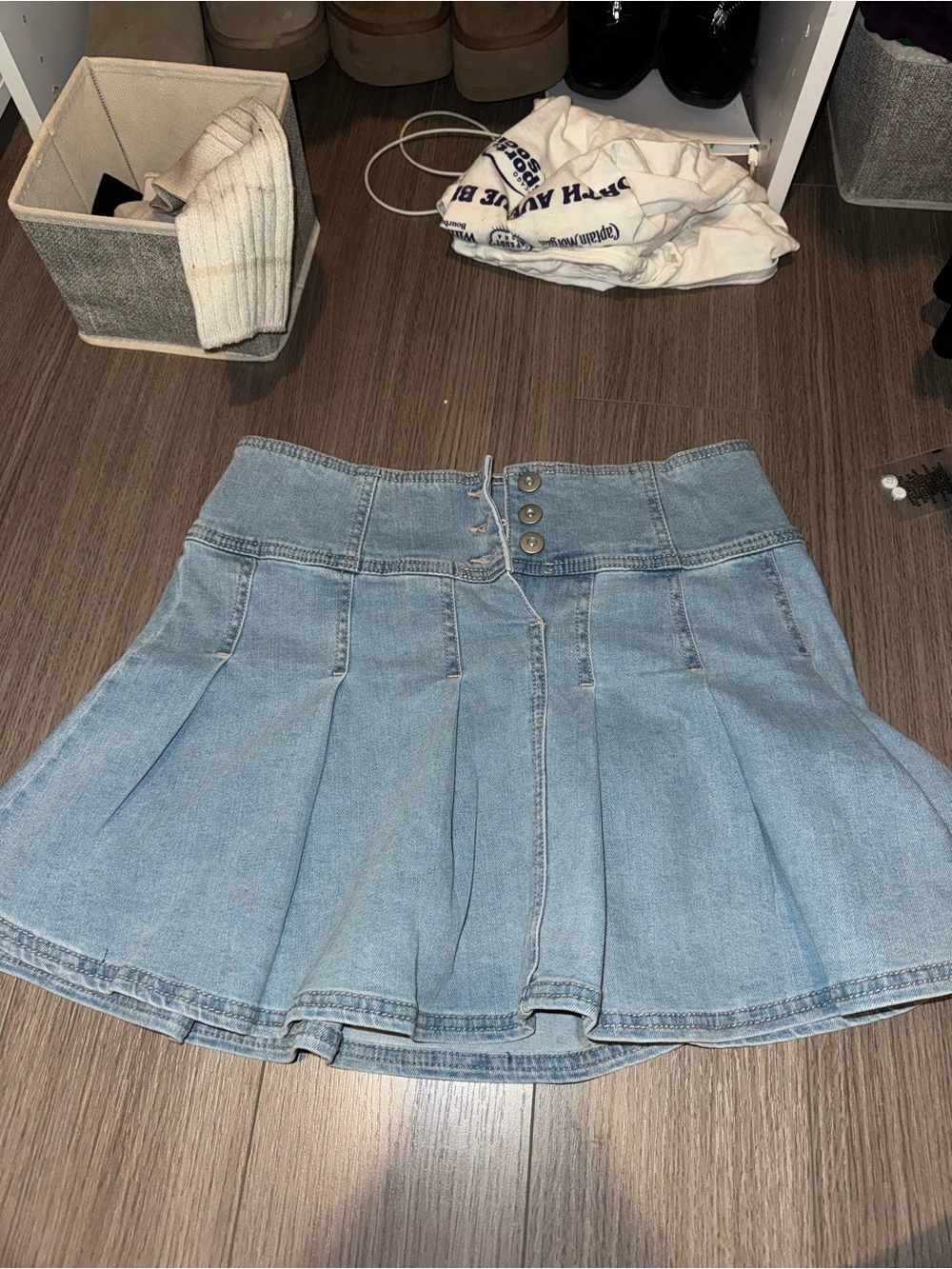 No Boundaries Light Blue Denim Pleated Skater Mini Skirt